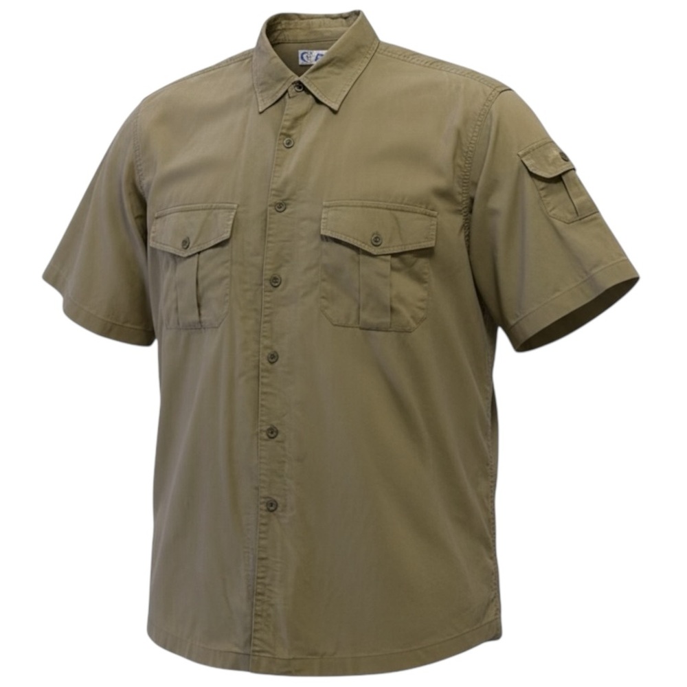 VTG Y2K Khaki Cargo Utility Shirt L Tall Button Down Oversized Skater Outdoor